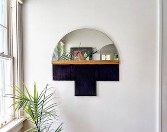 Half-Circle Fringe Mirror: "Aria-Duet" (Large) WITH Wood Accent Bar-Boho Mirror, Half-Moon Mirror, Macrame Mirror, Modern Mirror