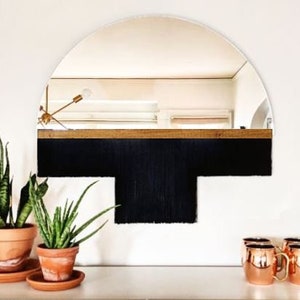 Half-Circle Fringe Mirror: Aria-Duet Medium WITH Wood Accent Bar-Boho Mirror, Half-Moon Mirror, Macrame Mirror, Modern Mirror image 1