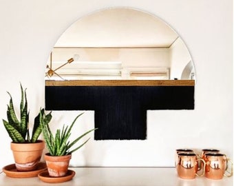 Half-Circle Fringe Mirror: "Aria-Duet" (Medium) WITH Wood Accent Bar-Boho Mirror, Half-Moon Mirror, Macrame Mirror, Modern Mirror