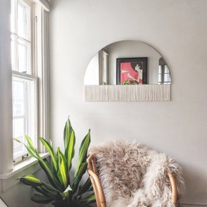 Half-Circle Fringe Mirror: "Aria-Solo" (Straight Small) WITHOUT Wood Accent Bar-Boho Mirror, Half-Moon Mirror, Macrame Mirror, Modern Mirror