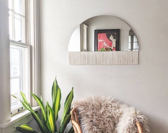 Half-Circle Fringe Mirror: "Aria-Solo" (Straight Small) WITHOUT Wood Accent Bar-Boho Mirror, Half-Moon Mirror, Macrame Mirror, Modern Mirror