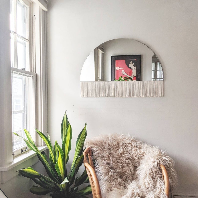 Half-Circle Fringe Mirror: Aria-Solo Straight Small WITHOUT Wood Accent Bar-Boho Mirror, Half-Moon Mirror, Macrame Mirror, Modern Mirror image 1