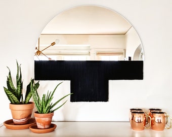 Half-Circle Fringe Mirror: "Aria-Duet" (Medium) WITHOUT Accent Bar-Boho Mirror, Half-Moon Mirror, Macrame Mirror, Modern Mirror