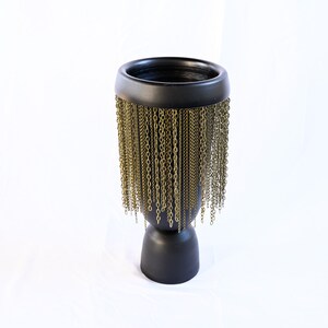 Tall Cylinder Brass Chain Fringe on Black Ceramic Vase, modern Vase, Brass chains fringe, bowl, ceramic image 3
