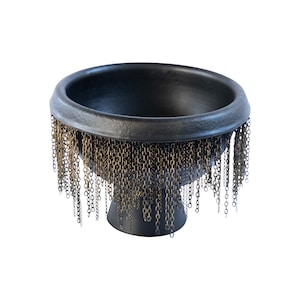 Short Round Brass Chain Fringe on Black Ceramic Vase, modern Vase, Brass chains fringe, bowl, ceramic