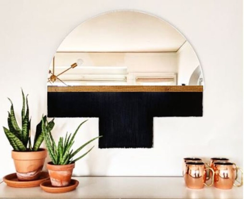 Half-Circle Fringe Mirror: Aria-Duet Medium WITH Wood Accent Bar-Boho Mirror, Half-Moon Mirror, Macrame Mirror, Modern Mirror image 1