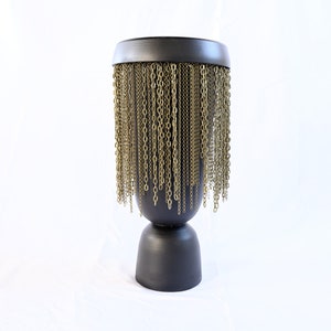 Tall Cylinder Brass Chain Fringe on Black Ceramic Vase, modern Vase, Brass chains fringe, bowl, ceramic image 1