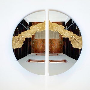 TWO Modern Mirror Glissando REFLECTHalf-Circle VERTICALTextured Mirror, tinted mirror, Round Mirror, Abstract Mirror, Modern Mirror image 1