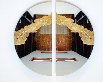 TWO Modern Mirror "Glissando REFLECT"-Half-Circle (VERTICAL)-Textured Mirror, tinted mirror, Round Mirror, Abstract Mirror, Modern Mirror