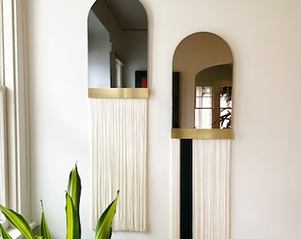 Fringe Mirror: "Aria Svara" Arch Mirror WITH Brass Accent Bar-Boho Mirror, Half-Moon Mirror, Macrame Mirror, Modern Mirror