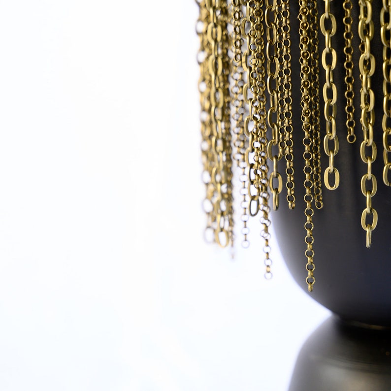 Tall Cylinder Brass Chain Fringe on Black Ceramic Vase, modern Vase, Brass chains fringe, bowl, ceramic image 2