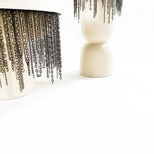 Tall Cylinder Brass Chain Fringe on Cream Ceramic Vase, modern Vase, Brass chains fringe, bowl, ceramic image 3