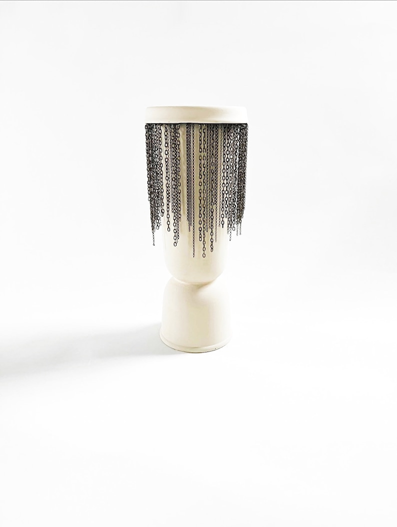 Tall Cylinder Brass Chain Fringe on Cream Ceramic Vase, modern Vase, Brass chains fringe, bowl, ceramic image 1