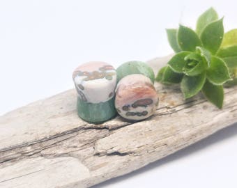 7/16" Double Sided Stone plugs, 11.50mm Duo Stone plugs, Ocean Picture Jasper Plugs, Pink Ocean Jasper plugs, Body jewelry, Stone ear plugs