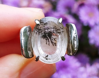 Dendritic Agate facet incased in sterling silver handmade ring in size 6