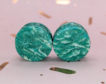 21mm  saturated Amazonite from Russia hand carved into plugs for stretched ears, 21mm blue crystal plugs for gauged ears