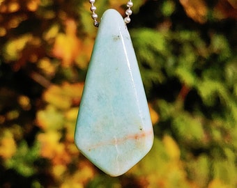 Old stock Chilean Chrysoprase light blue crystal pendant hand carved into a free form shape for necklace or pendulum for dowsing