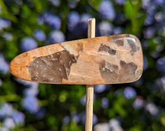 Peach Moonstone with Smoky Quartz inclusions hand carved hair clip, Crystal hair accessories