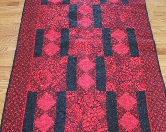 Deep, sweet Rose, Handmade Quilt, Red, Black, 41.5 inches x 64.5 inches