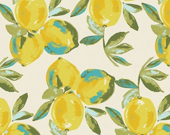 Lemon Blueberry Fabric Yellow Lemons Fabric Citrus Fruit Lemon Fabric Green Leaf Kitchen Cream Cotton Fabric t126