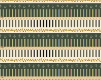 May include: A seamless fabric pattern with alternating stripes of black, white, and green. The green stripes feature a repeating pattern of small gold leaves and flowers. The white stripes have a repeating pattern of thin gold lines. The fabric is measured in inches.