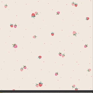 May include: A fabric with a cream background featuring a pattern of small, watercolor-style strawberries and tiny pink dots. The strawberries are red and pink with green stems. The ruler at the bottom shows the fabric is about 8 inches wide.