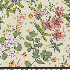 May include: A floral fabric pattern featuring a variety of flowers in shades of pink, yellow, and purple, with green leaves and stems. The flowers are set against a beige background. The pattern includes a ruler at the bottom with measurements in inches.