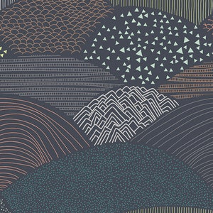 May include: Abstract pattern with a dark blue background and various shapes and lines in white, light blue, and orange. The pattern includes triangles, waves, and lines.