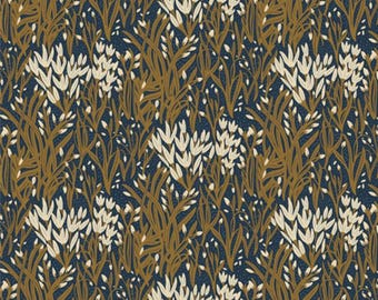 May include: A navy blue fabric with a repeating pattern of white and brown stylized flowers and leaves. The fabric is measured in inches.