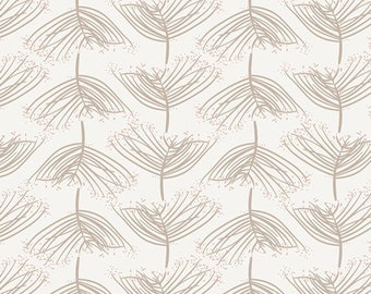 以下が含まれることがあります： 薄いベージュの背景に、繊細でスタイリッシュな茶色のシダの葉が描かれたシームレスなパターン。葉は繰り返しパターンで配置され、控えめでエレガントなデザインを生み出しています。