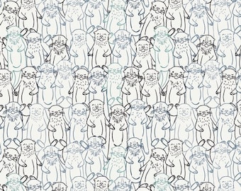 May include: A seamless pattern featuring a repeating design of black and white cartoon otters. The otters are drawn in a simple, whimsical style and are arranged in a random pattern.