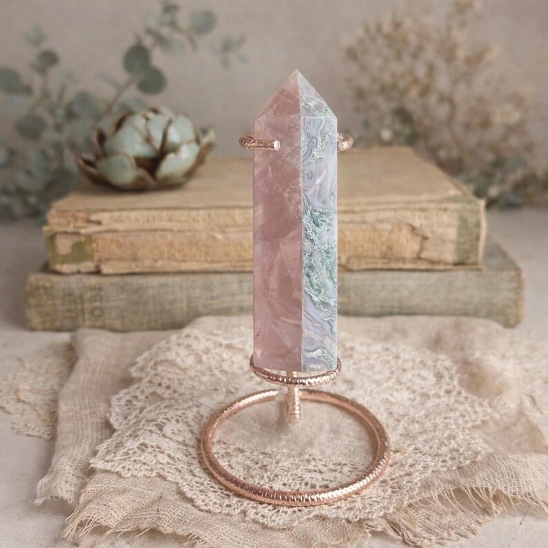 Rose Quartz and Moss Agate Tower on Rose Gold Stand | Polished Crystal Sculpture | Cottagecore Heirloom Decor image 6