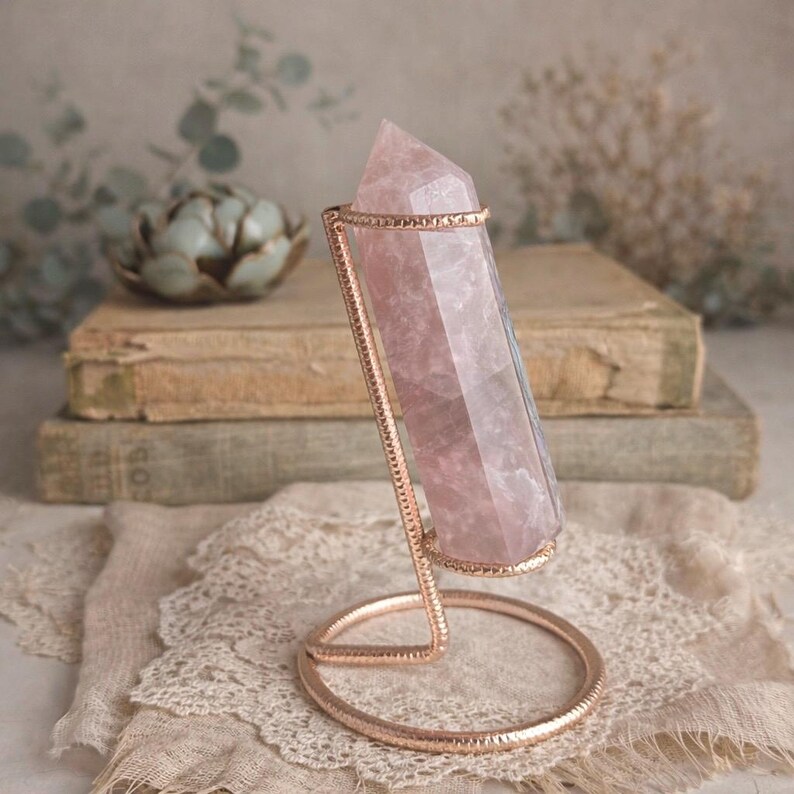 Rose Quartz and Moss Agate Tower on Rose Gold Stand | Polished Crystal Sculpture | Cottagecore Heirloom Decor image 9