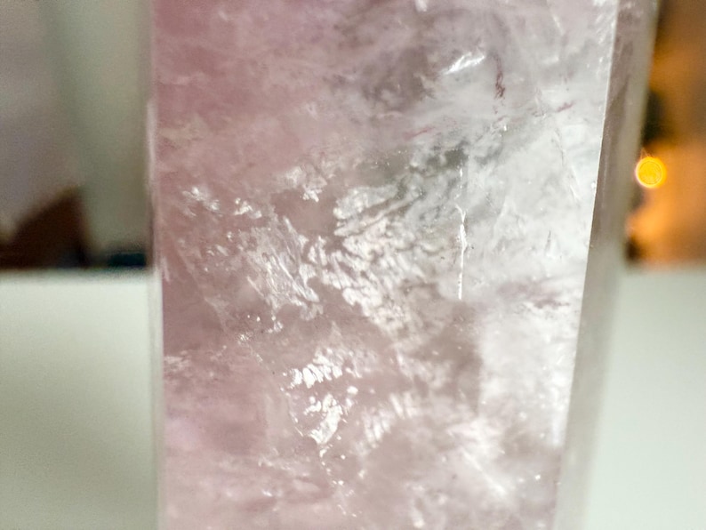 Rose Quartz and Moss Agate Tower on Rose Gold Stand | Polished Crystal Sculpture | Cottagecore Heirloom Decor image 3