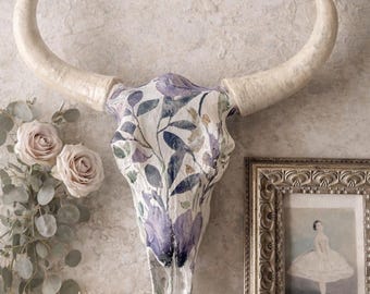 Lavender Sage Floral Cow Skull Wall Decor, Watercolor Resin Longhorn Skull, Cottagecore Farmhouse Wall Art, Rustic Western Boho Wall Hanging