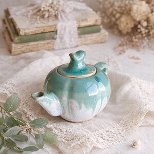 Turquoise Glazed Ceramic Teapot – Cottagecore Mini Teapot, Handmade Pottery Tea Pot, Vintage Style Teapot, Shabby Chic Kitchen Decor