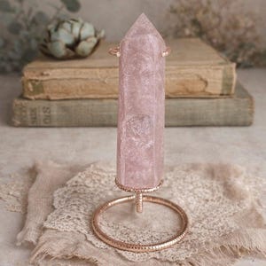 Rose Quartz and Moss Agate Tower on Rose Gold Stand | Polished Crystal Sculpture | Cottagecore Heirloom Decor image 8
