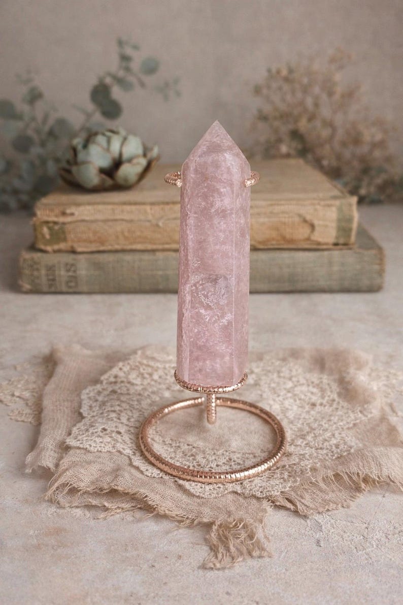 Rose Quartz and Moss Agate Tower on Rose Gold Stand | Polished Crystal Sculpture | Cottagecore Heirloom Decor image 8