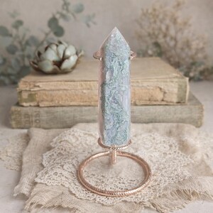 Rose Quartz and Moss Agate Tower on Rose Gold Stand | Polished Crystal Sculpture | Cottagecore Heirloom Decor image 11