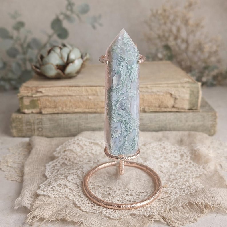 Rose Quartz and Moss Agate Tower on Rose Gold Stand | Polished Crystal Sculpture | Cottagecore Heirloom Decor image 11