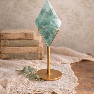 Fluorite Diamond on Gold Stand | Polished Green Mineral Sculpture | European Heirloom Decor Accent
