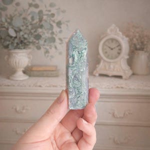 Rose Quartz and Moss Agate Tower on Rose Gold Stand | Polished Crystal Sculpture | Cottagecore Heirloom Decor image 4