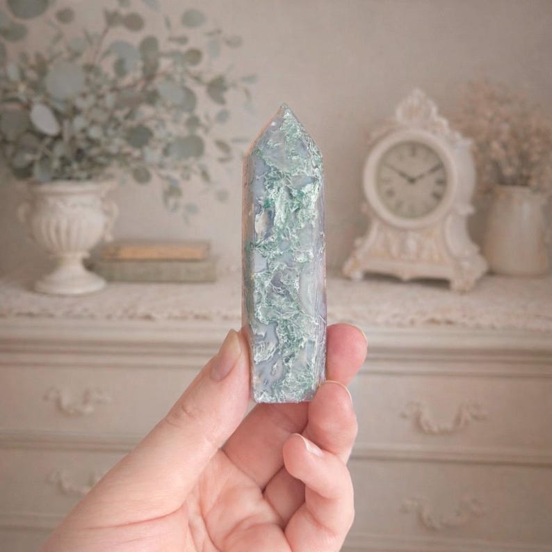 Rose Quartz and Moss Agate Tower on Rose Gold Stand | Polished Crystal Sculpture | Cottagecore Heirloom Decor image 4