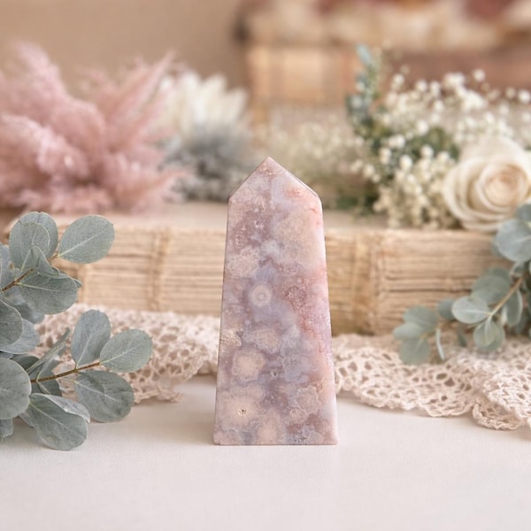 Flower Agate & Pink Amethyst Druzy Tower | Polished Crystal Obelisk | Natural Blush Mineral Decor | One of a Kind Heirloom Stone