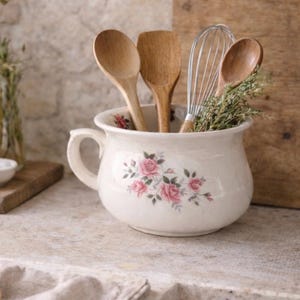 Vintage Floral Porcelain Chamber Pot Planter | Pink Rose Cottage Crock
