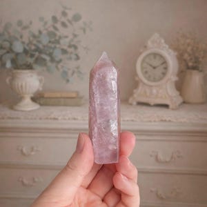 Rose Quartz and Moss Agate Tower on Rose Gold Stand | Polished Crystal Sculpture | Cottagecore Heirloom Decor image 5