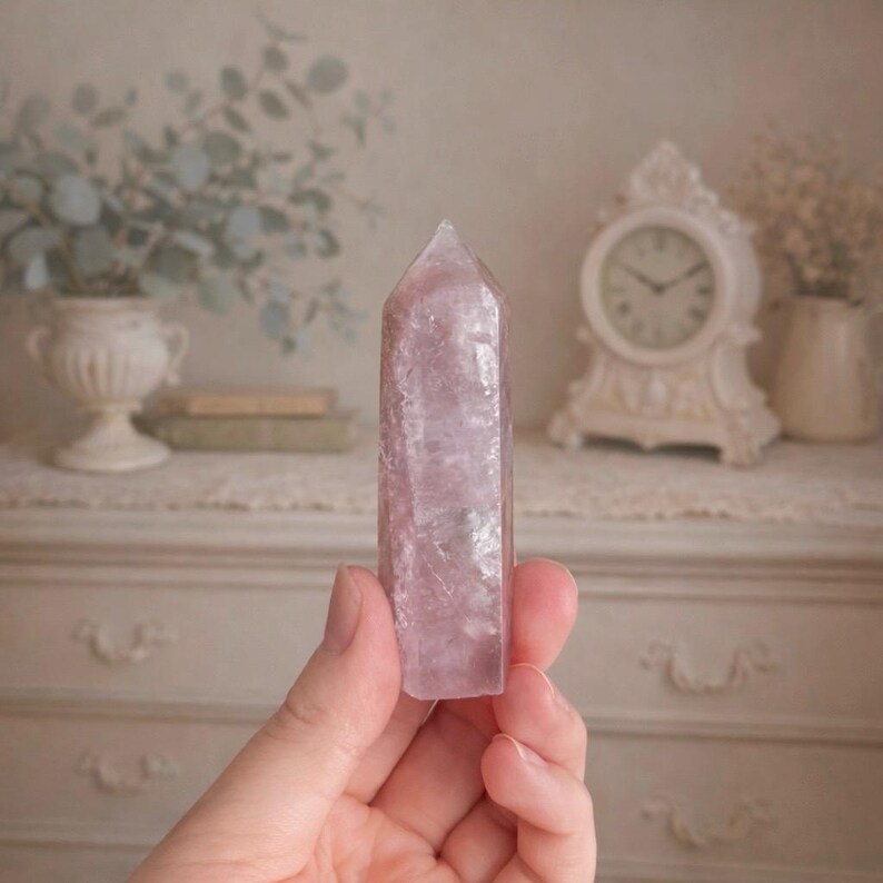 Rose Quartz and Moss Agate Tower on Rose Gold Stand | Polished Crystal Sculpture | Cottagecore Heirloom Decor image 5
