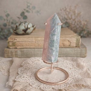 Rose Quartz and Moss Agate Tower on Rose Gold Stand | Polished Crystal Sculpture | Cottagecore Heirloom Decor image 7