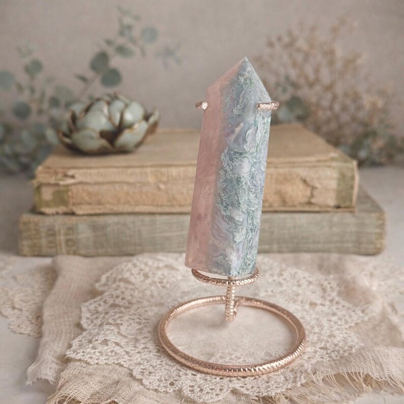 Rose Quartz and Moss Agate Tower on Rose Gold Stand | Polished Crystal Sculpture | Cottagecore Heirloom Decor image 7