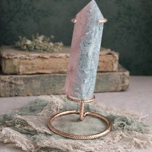 Rose Quartz and Moss Agate Tower on Rose Gold Stand | Polished Crystal Sculpture | Cottagecore Heirloom Decor image 1